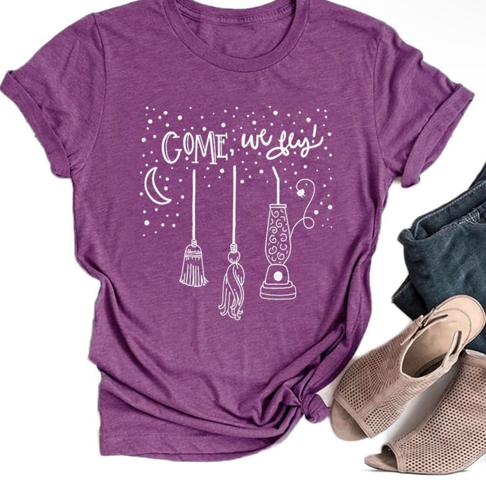 Come We Fly T Shirt Women Halloween Funny Witch Shirt Letter Printed Graphic Tee